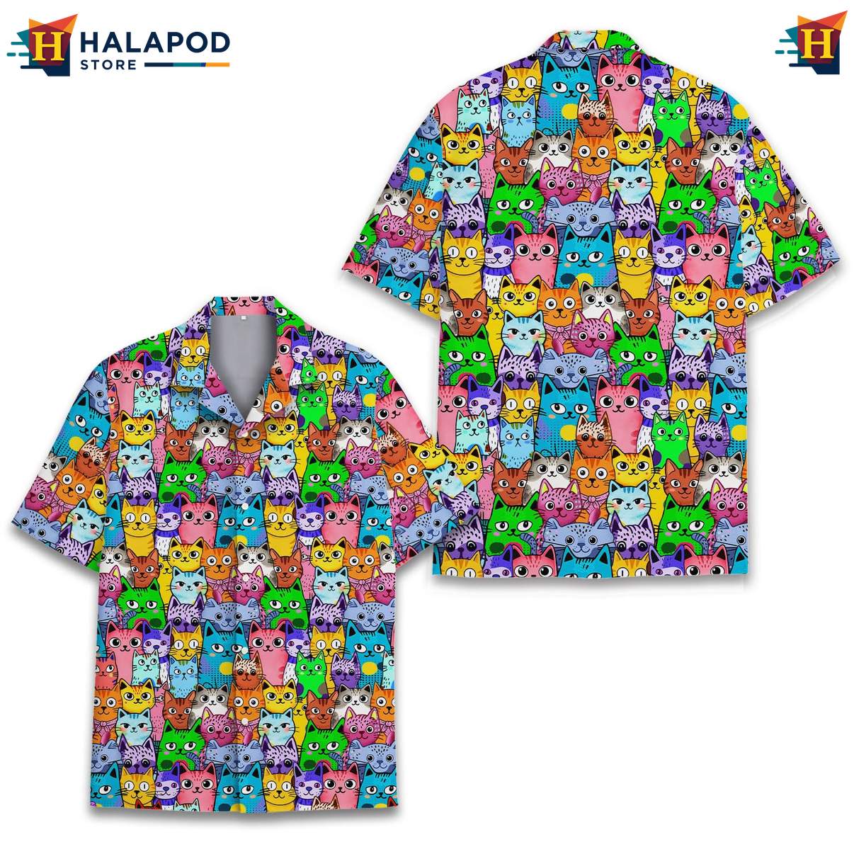 Vibrant Cat Aloha TShirt, Multicolor Summer Shirt For Cat Lovers, Beach Party Style