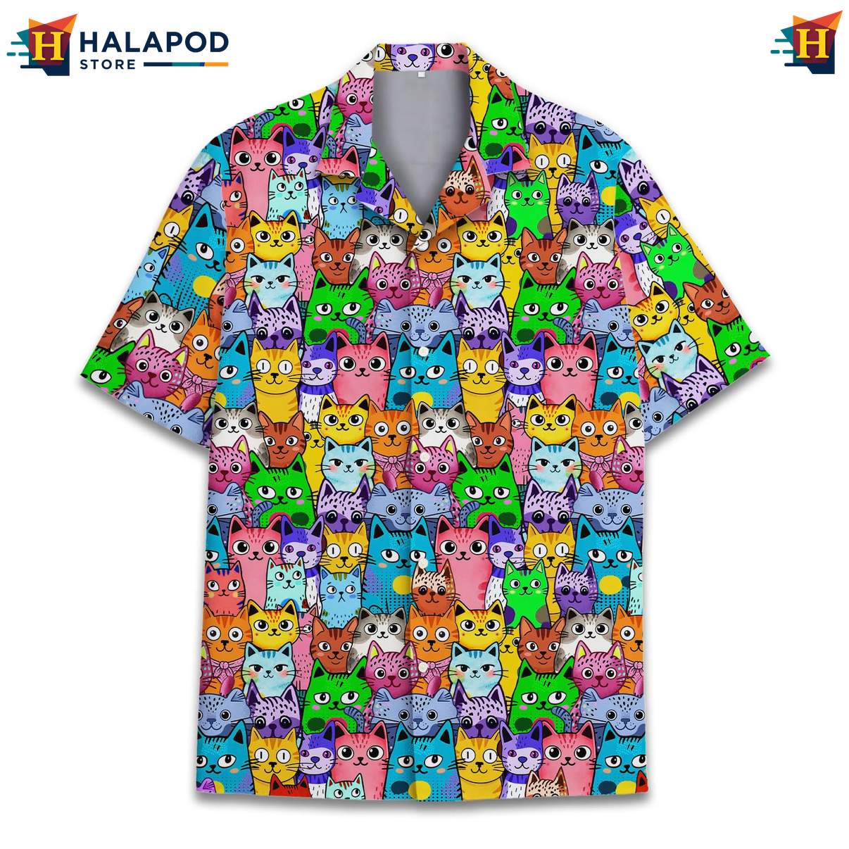 Vibrant Cat Aloha Tee, Multicolor Summer Shirt For Cat Lovers, Beach Party Style