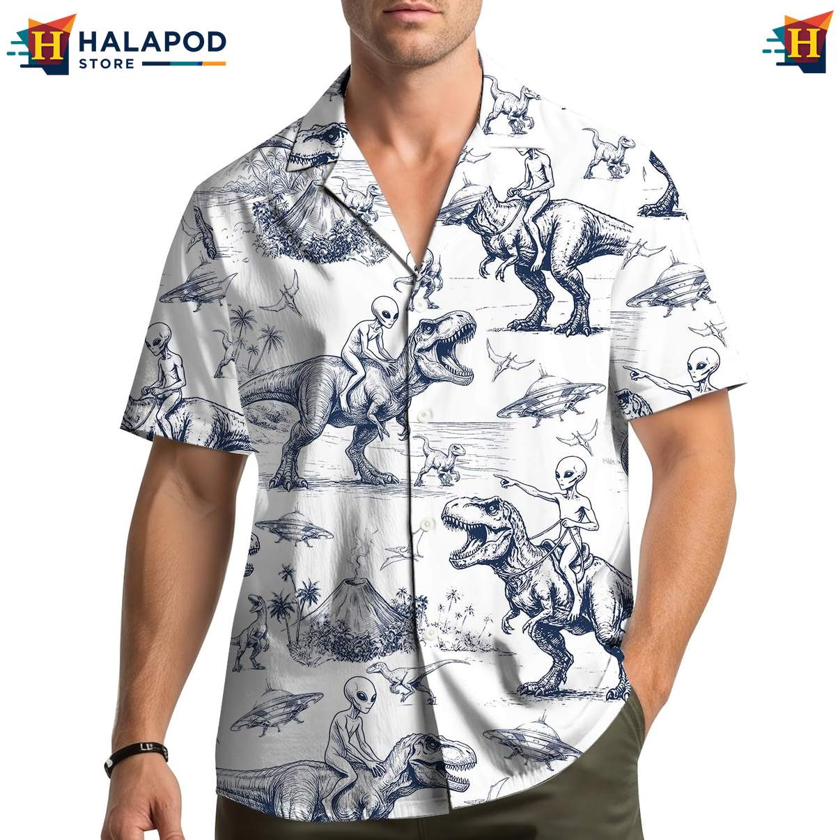 Vintage Alien T Rex Hawaiian Shirt, Playful Summer Button Down With Cartoon Design