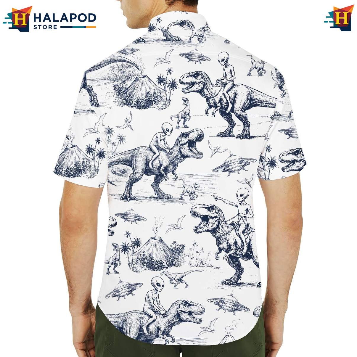 Vintage Alien T Rex Short-sleeve button-up shirt, Playful Summer Button Down With Cartoon Design