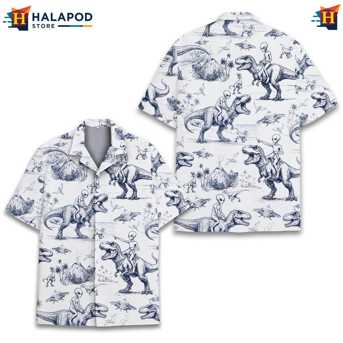 Vintage Alien T Rex Tropical Shirt, Playful Summer Button Down With Cartoon Design