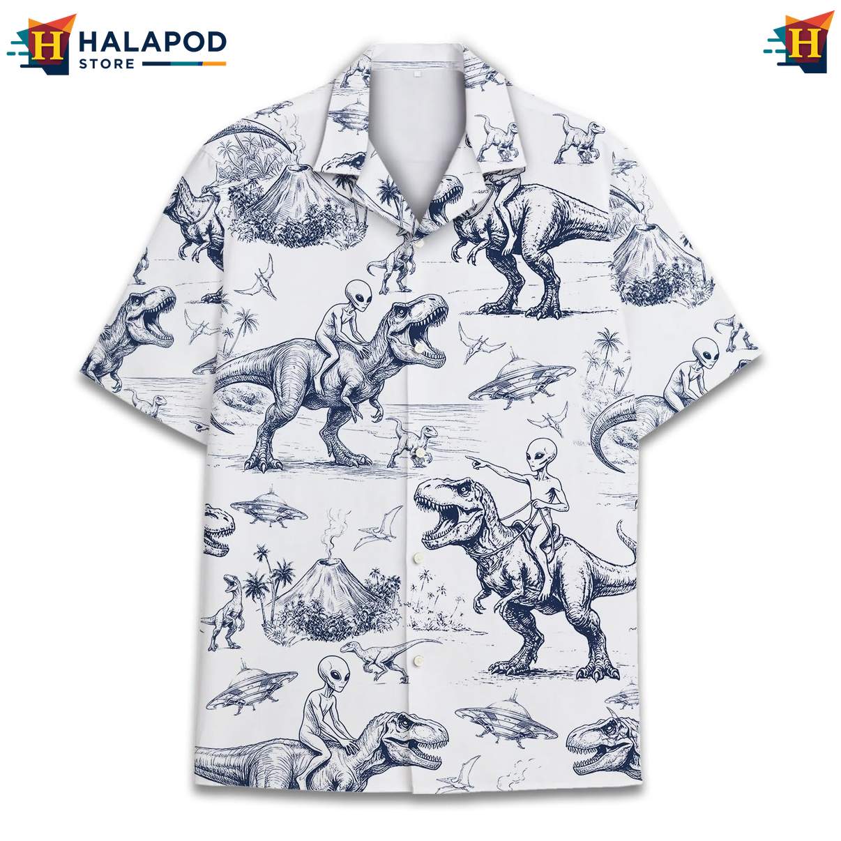 Vintage Alien T Rex Aloha Shirt, Playful Summer Button Down With Cartoon Design