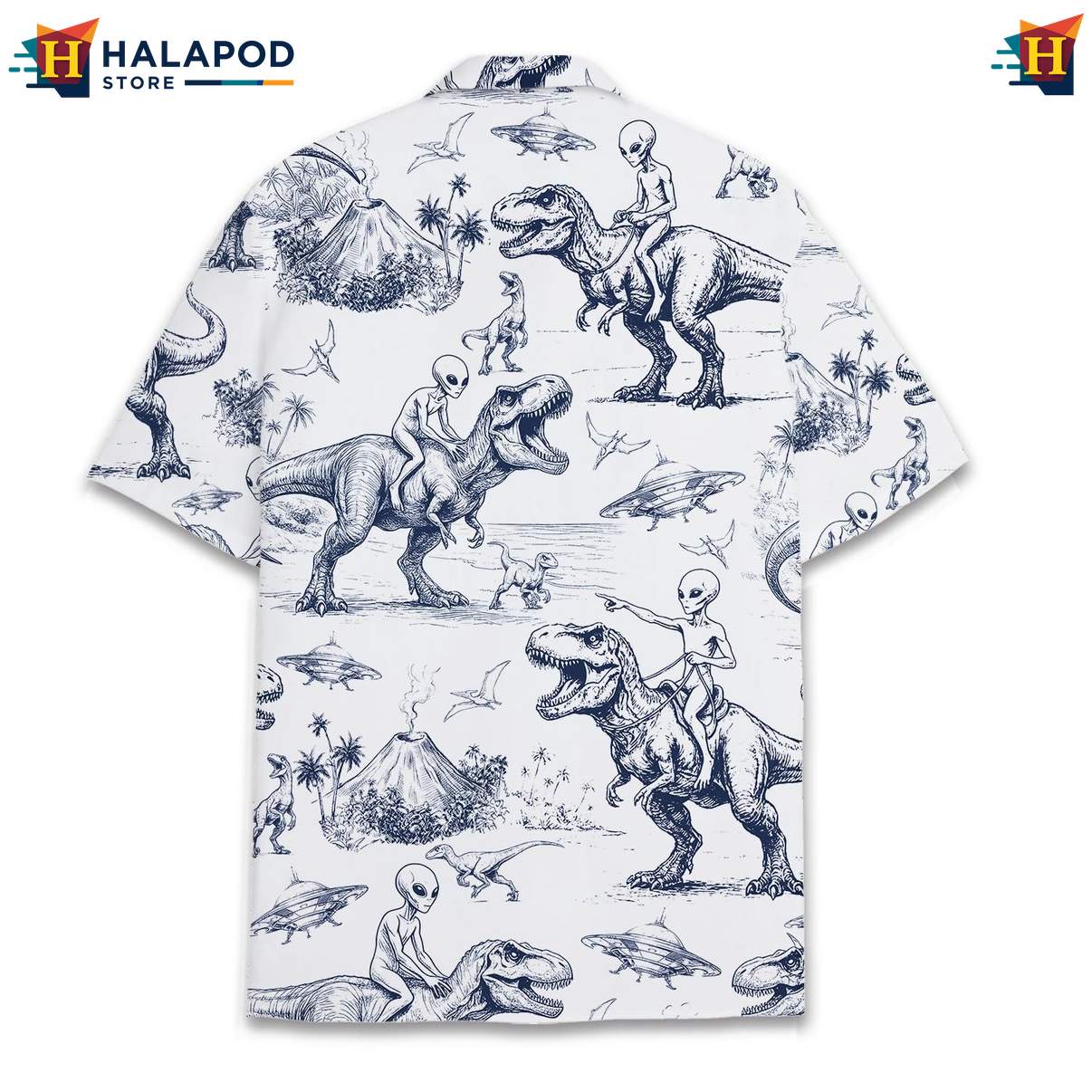 Vintage Alien T Rex Short-sleeve button-up shirt, Playful Summer Button Down With Cartoon Design