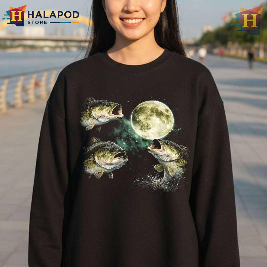 Vintage Angler Graphic Bass Fish Howling Moon Shirt Fisherman Outdoor Tee