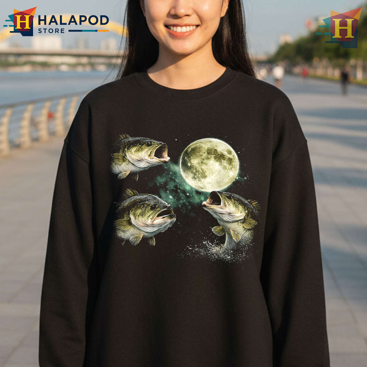 Vintage Angler Graphic Bass Fish Howling Moon Shirt Fisherman Outdoor Tee