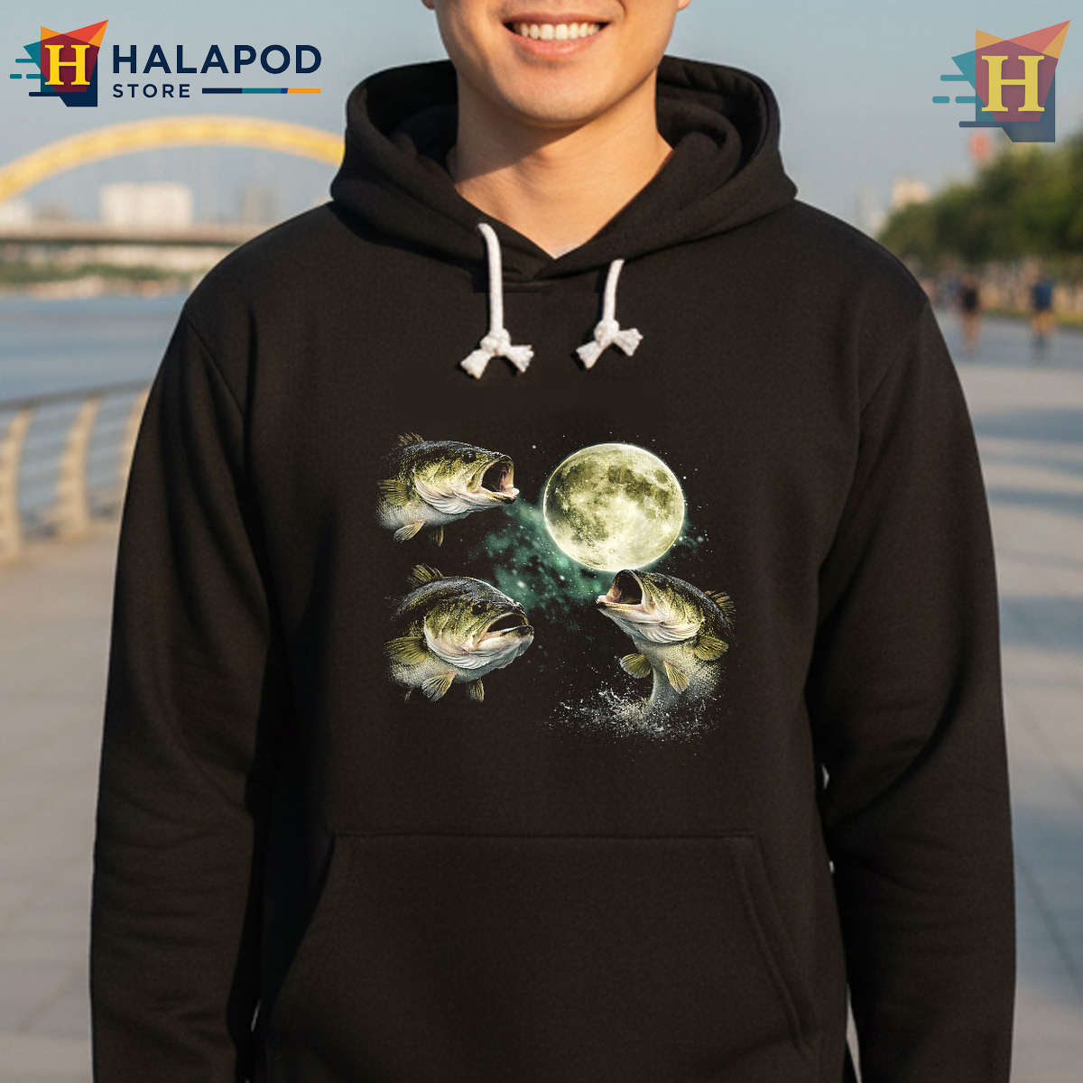 Vintage Angler Graphic Bass Fish Howling Moon Shirt Fisherman Outdoor Tee