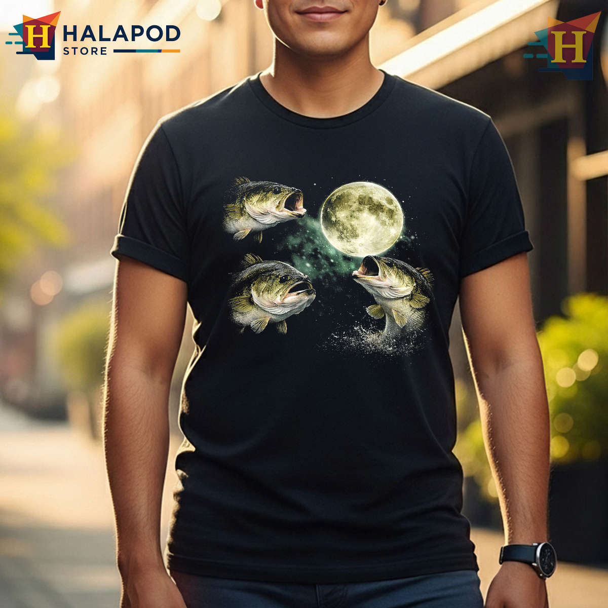 Vintage Angler Graphic Bass Fish Howling Moon Shirt Fisherman Outdoor Tee