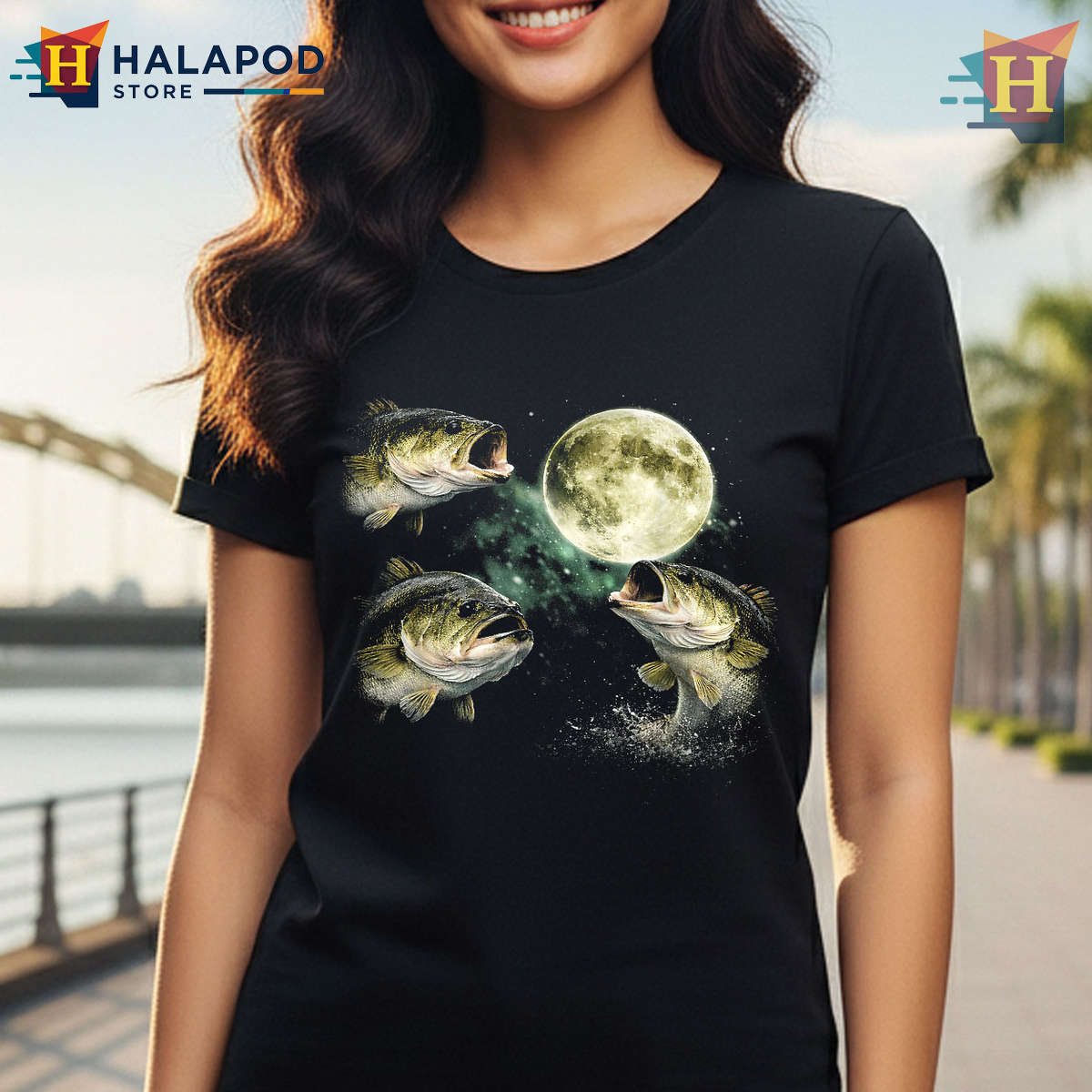 Vintage Angler Graphic Bass Fish Howling Moon Shirt Fisherman Outdoor Tee