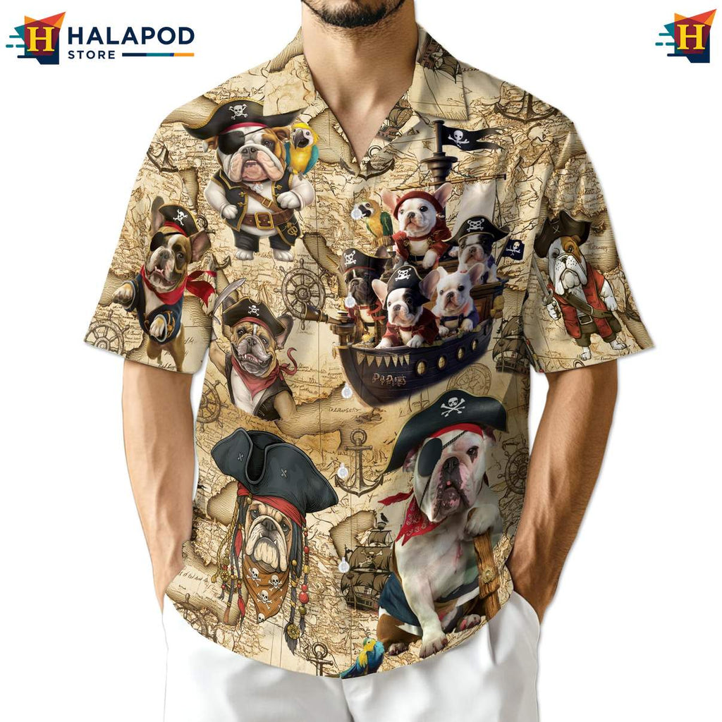Vintage Bulldog Pirate Hawaiian Shirt Mens Dog Lover Gift Retro Beach Outfit