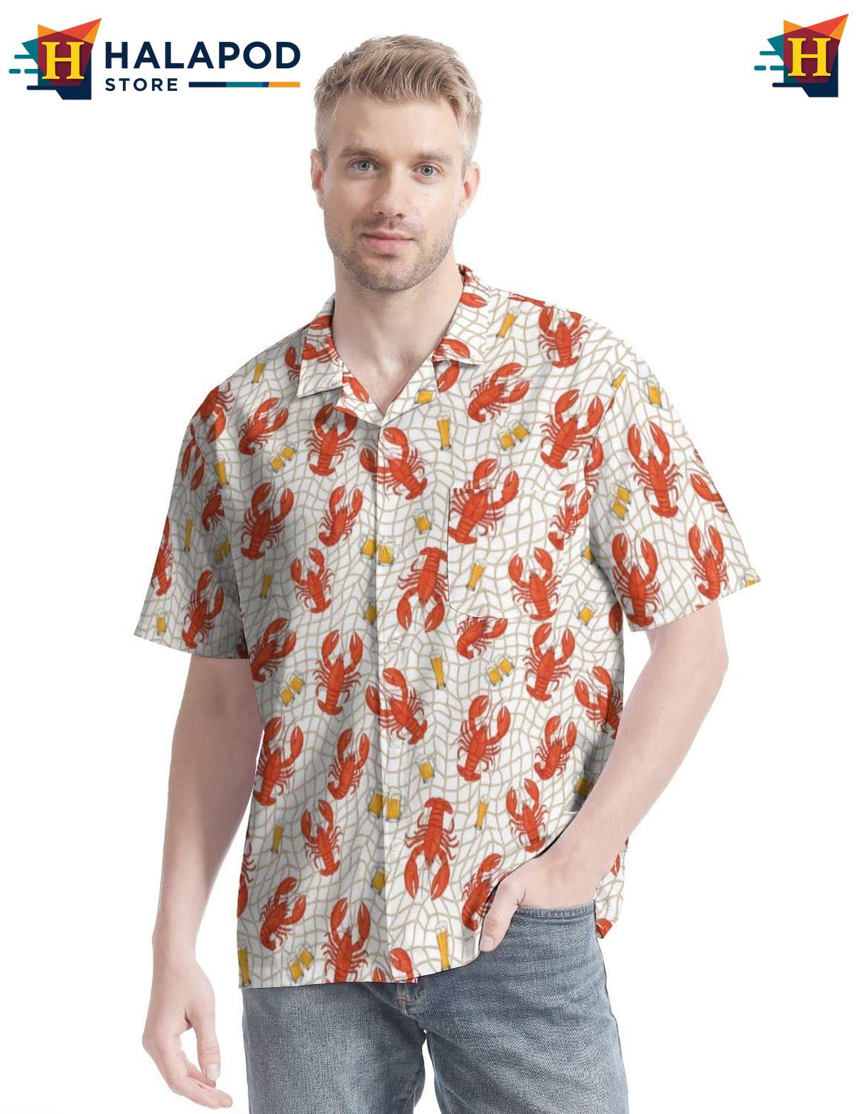 Vintage Lobster Short-sleeve button-up shirt, Fun Tropical Button Up For Seafood Lovers