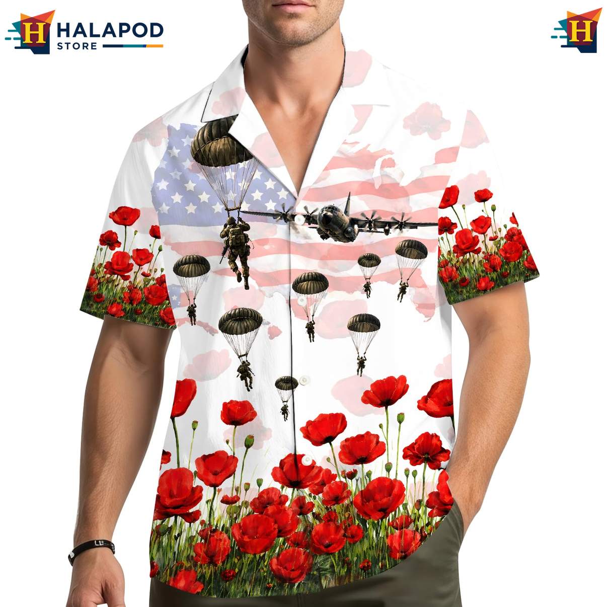 Vintage Military Hawaiian Shirt, Patriotic Usa Flag Design With Red Poppies And Parachutists