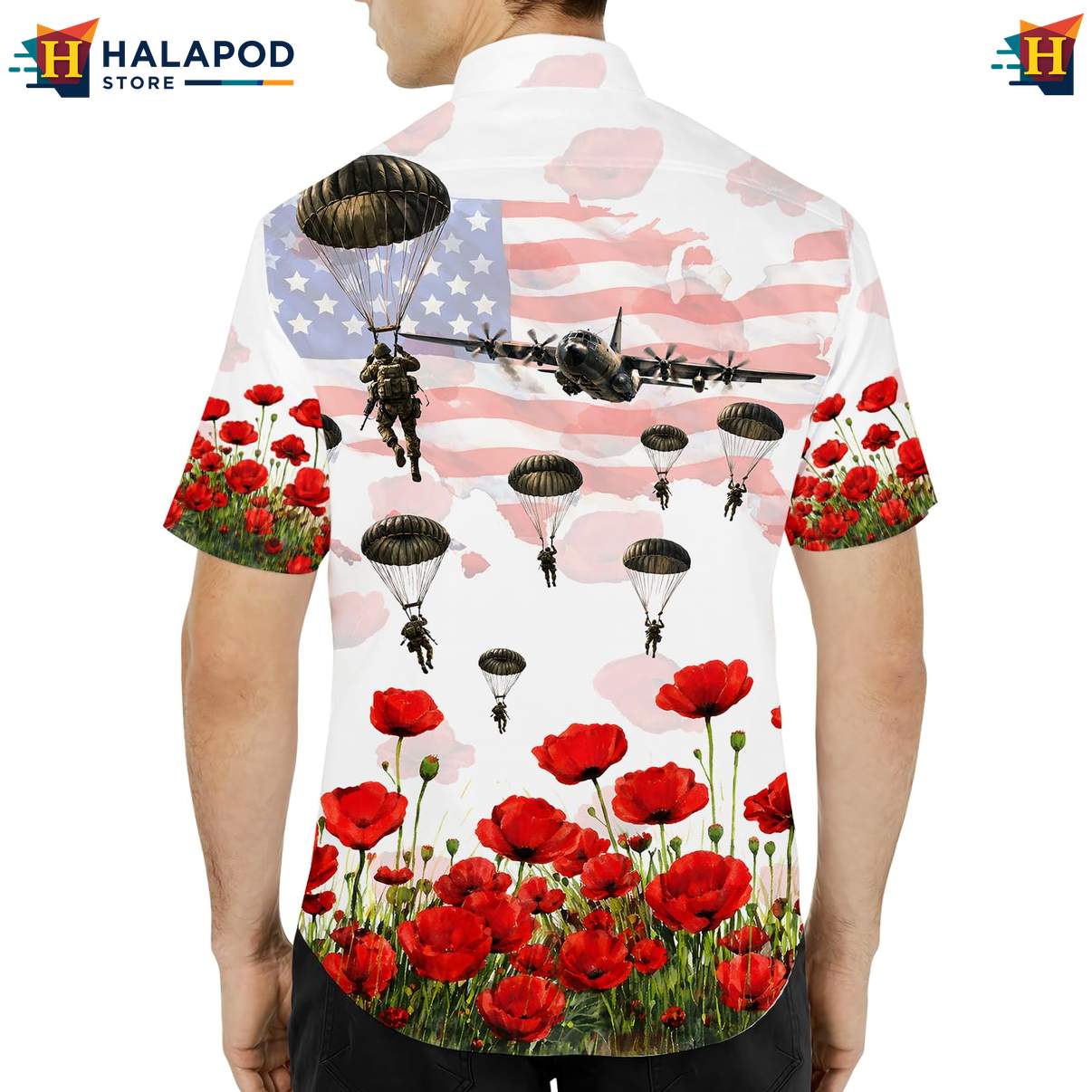 Vintage Military Short-sleeve button-up shirt, Patriotic Usa Flag Design With Red Poppies And Parachutists