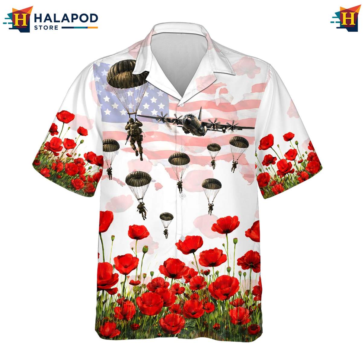 Vintage Military Aloha Shirt, Patriotic Usa Flag Design With Red Poppies And Parachutists
