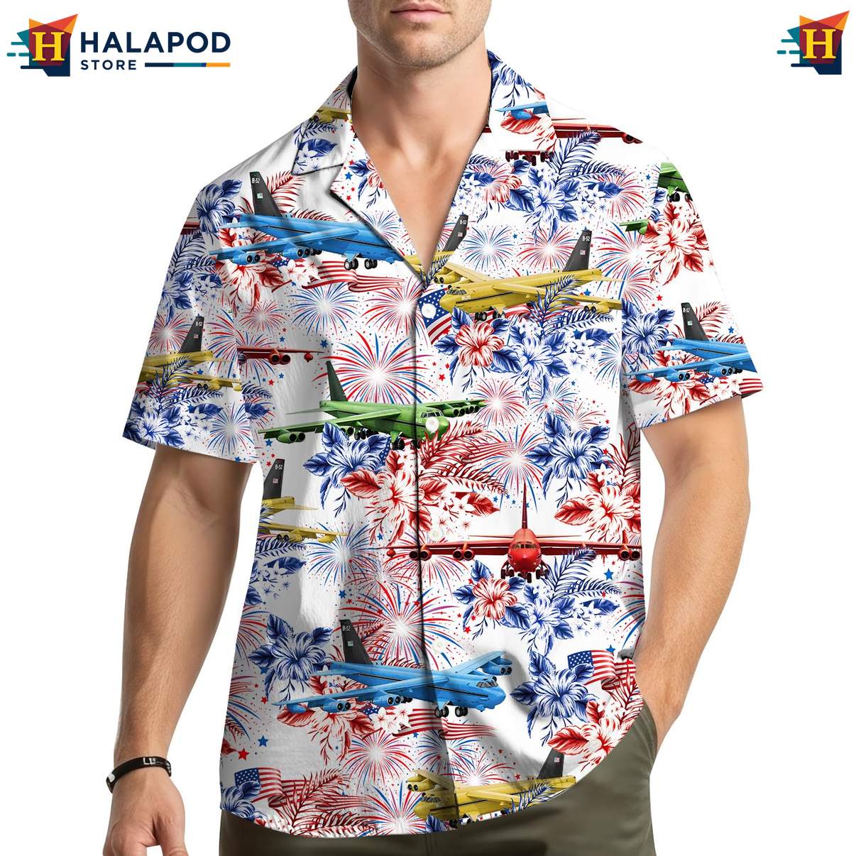 Vintage Patriotic Hawaiian Shirt, Usa Flag Design With Airplanes And Tropical Flowers For Men
