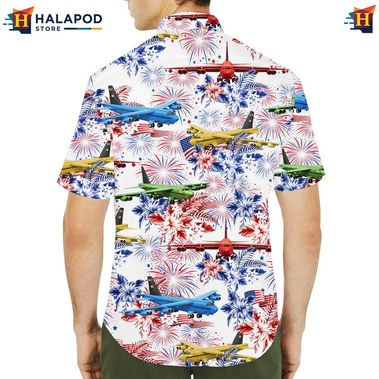 Vintage Patriotic Short-sleeve button-up shirt, Usa Flag Design With Airplanes And Tropical Flowers For Men