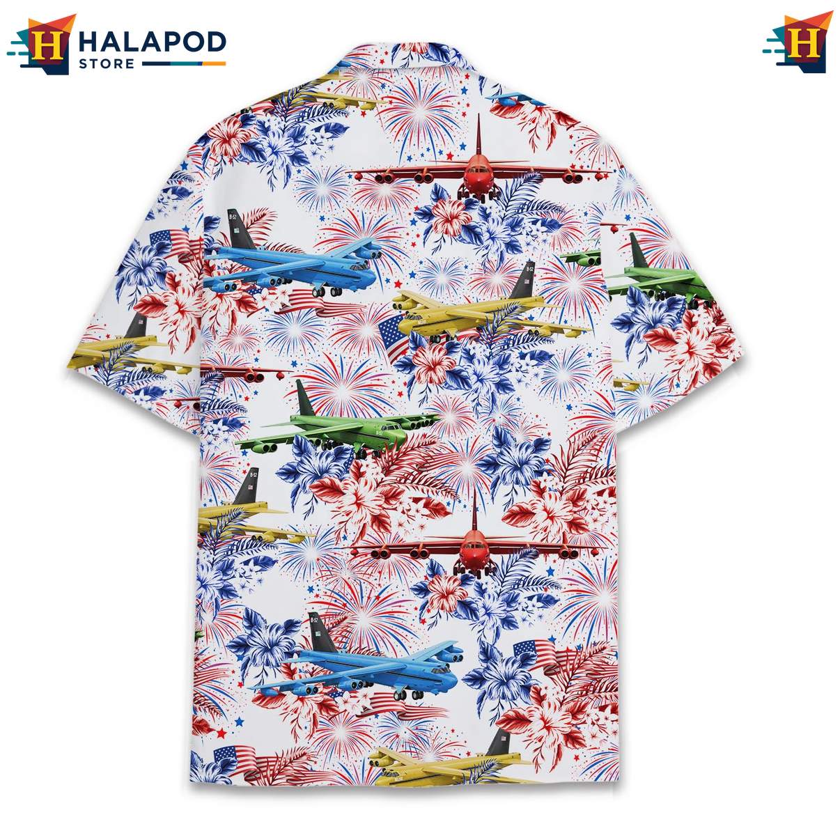 Vintage Patriotic Short-sleeve button-up shirt, Usa Flag Design With Airplanes And Tropical Flowers For Men