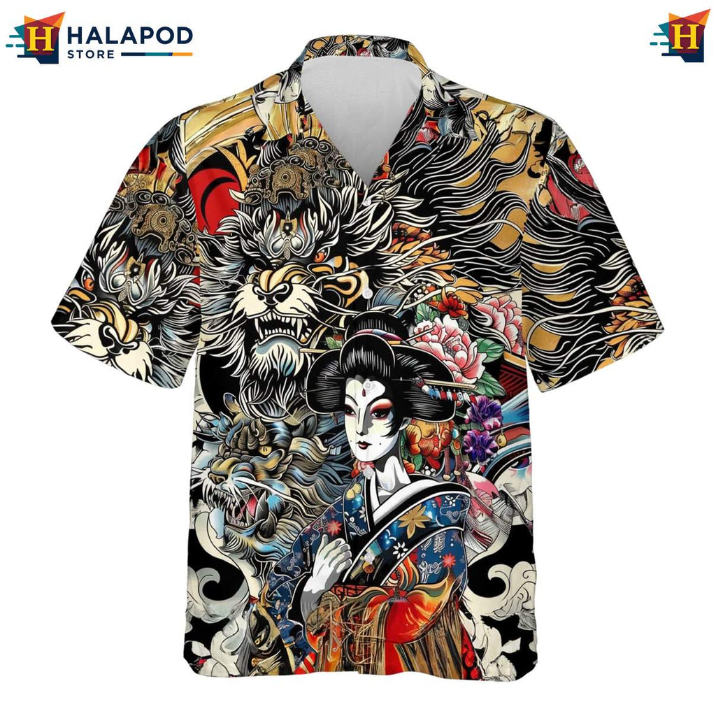 Vintage Samurai Japanese Warrior Shirt Mens Casual Hawaiian Button Down Tops
