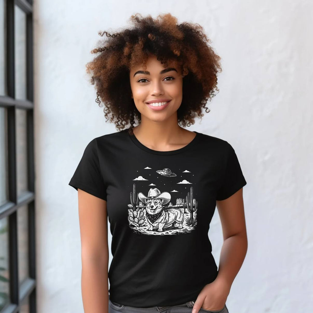 Vintage Western Corgi Cowboy Shirt UFO Dog Meme Graphic Apparel For Mens