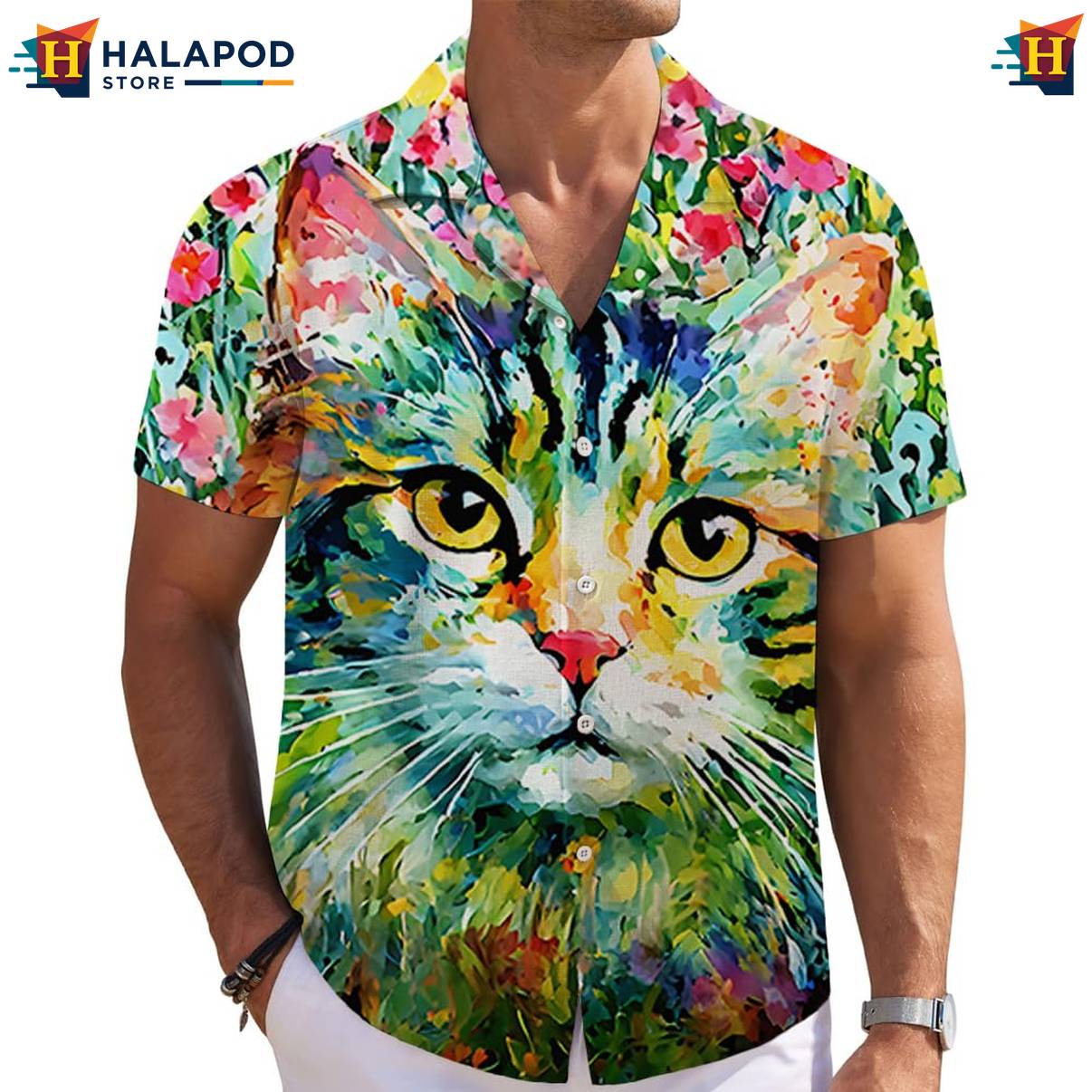 Watercolor Cat Short-sleeve button-up shirt Mens Short Sleeve Floral Button Down Outfits