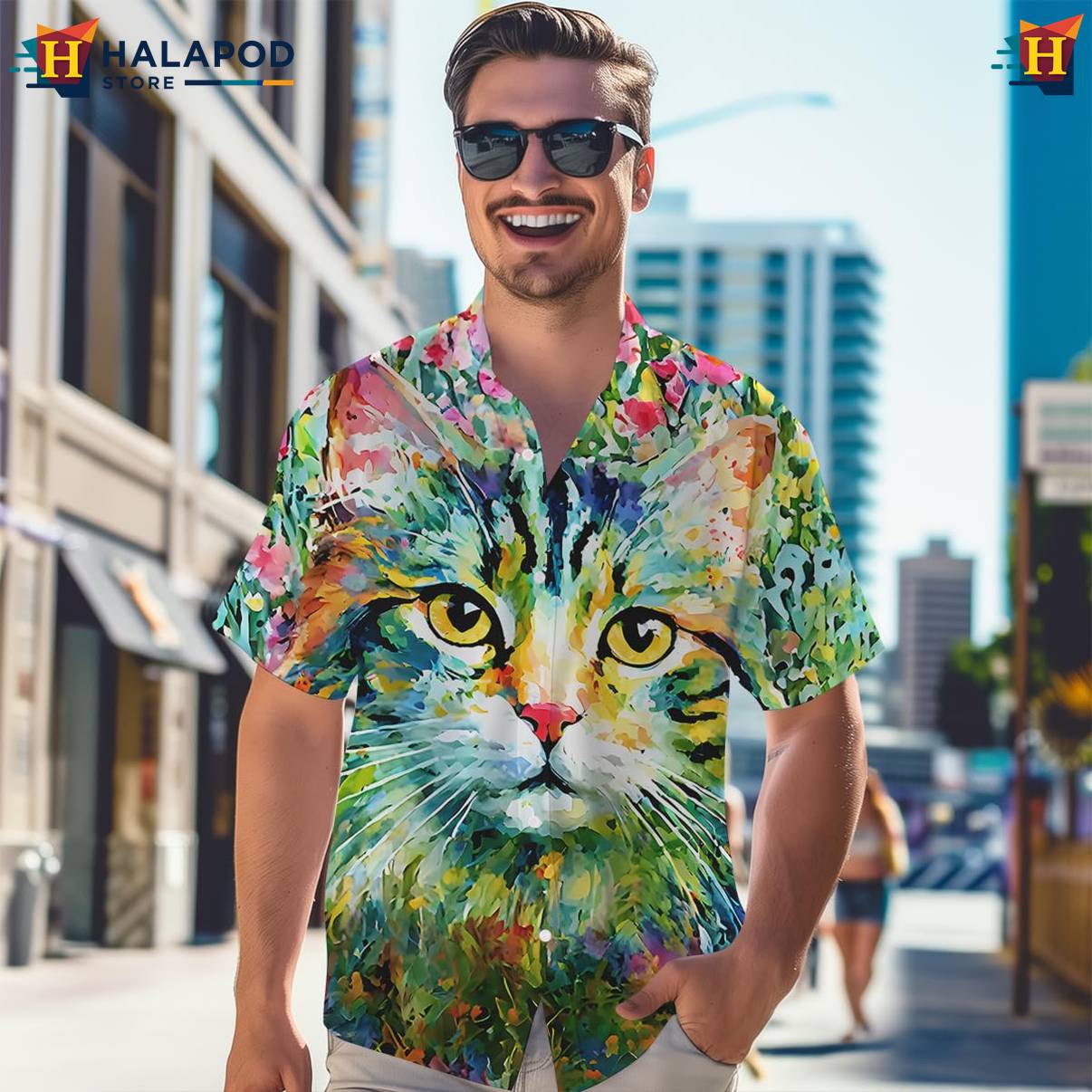 Watercolor Cat Tropical Shirt Mens Short Sleeve Floral Button Down Outfits
