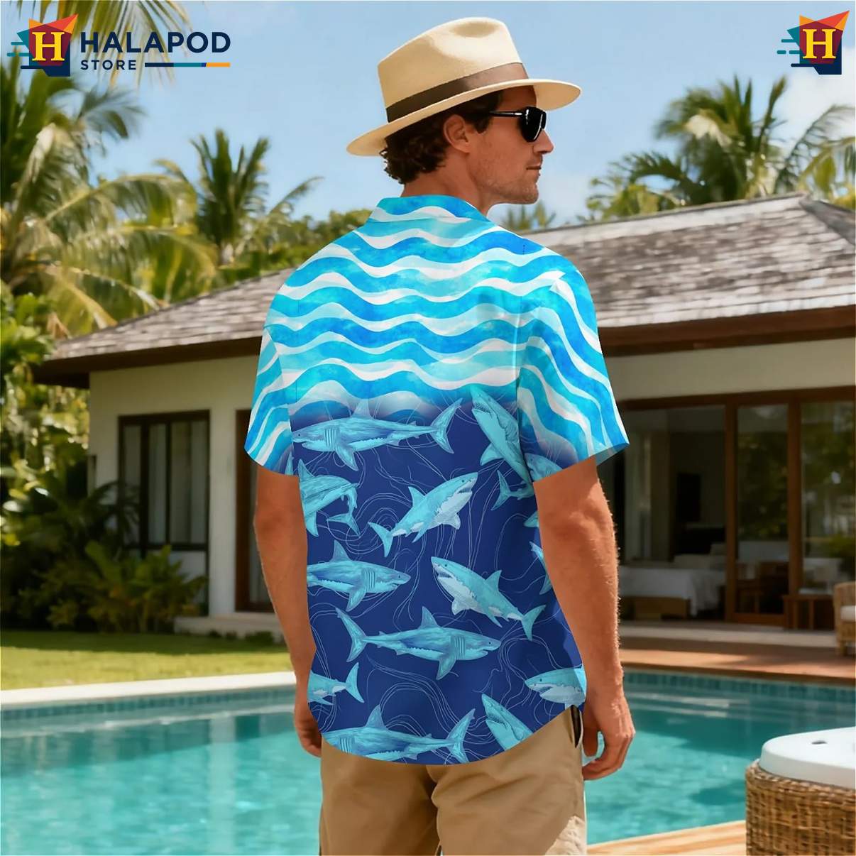 Wave Ocean Shark Tropical Tropical Shirt Short Sleeve Floral Button Down