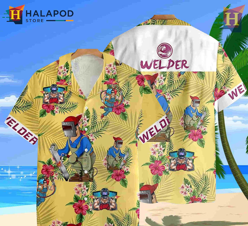 Welder Graphic Beach Hawaiian Shirt Tough Workwear Inspired Summer Vibe