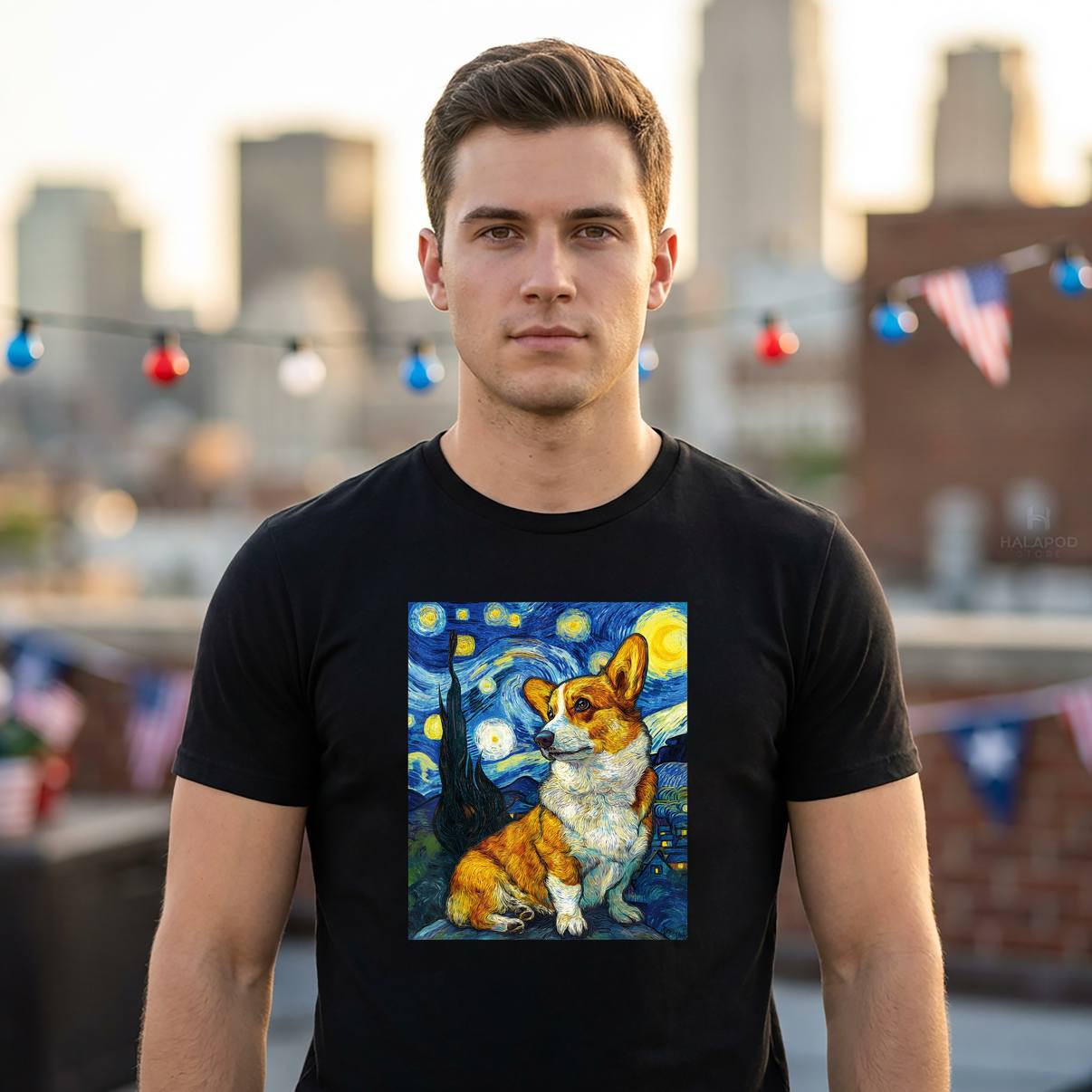 Welsh Corgi Dog Van Gogh Tee Shirt Starry Night Graphic Design Apparel Mens