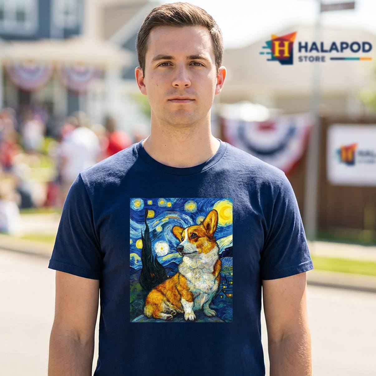 Welsh Corgi Dog Van Gogh T-Shirt Starry Night Graphic Design Apparel Mens