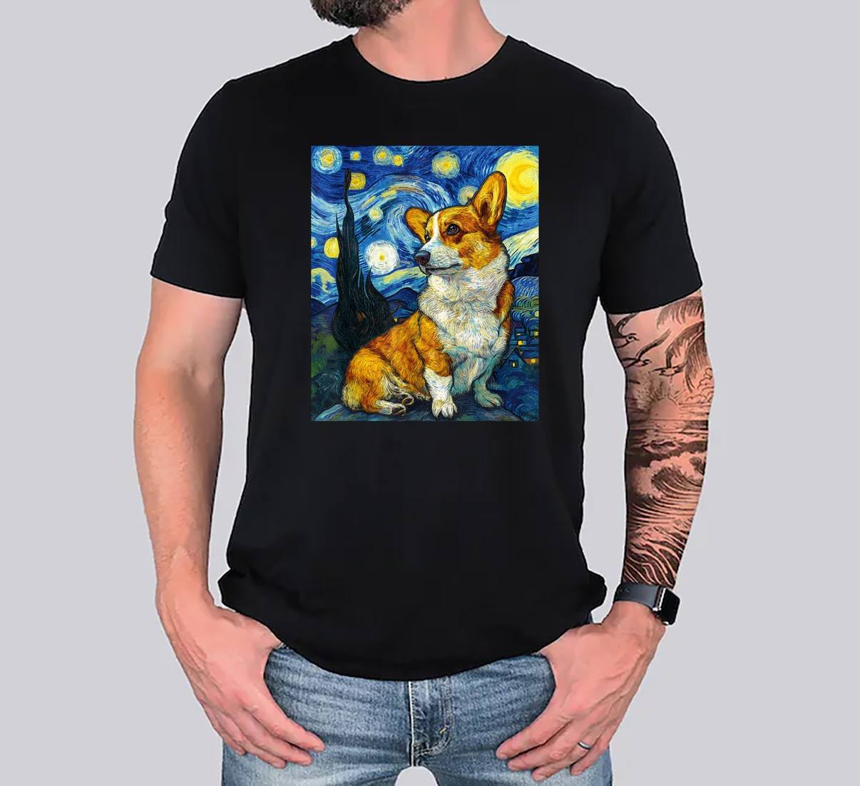 Welsh Corgi Dog Van Gogh TShirt Starry Night Graphic Design Apparel Mens