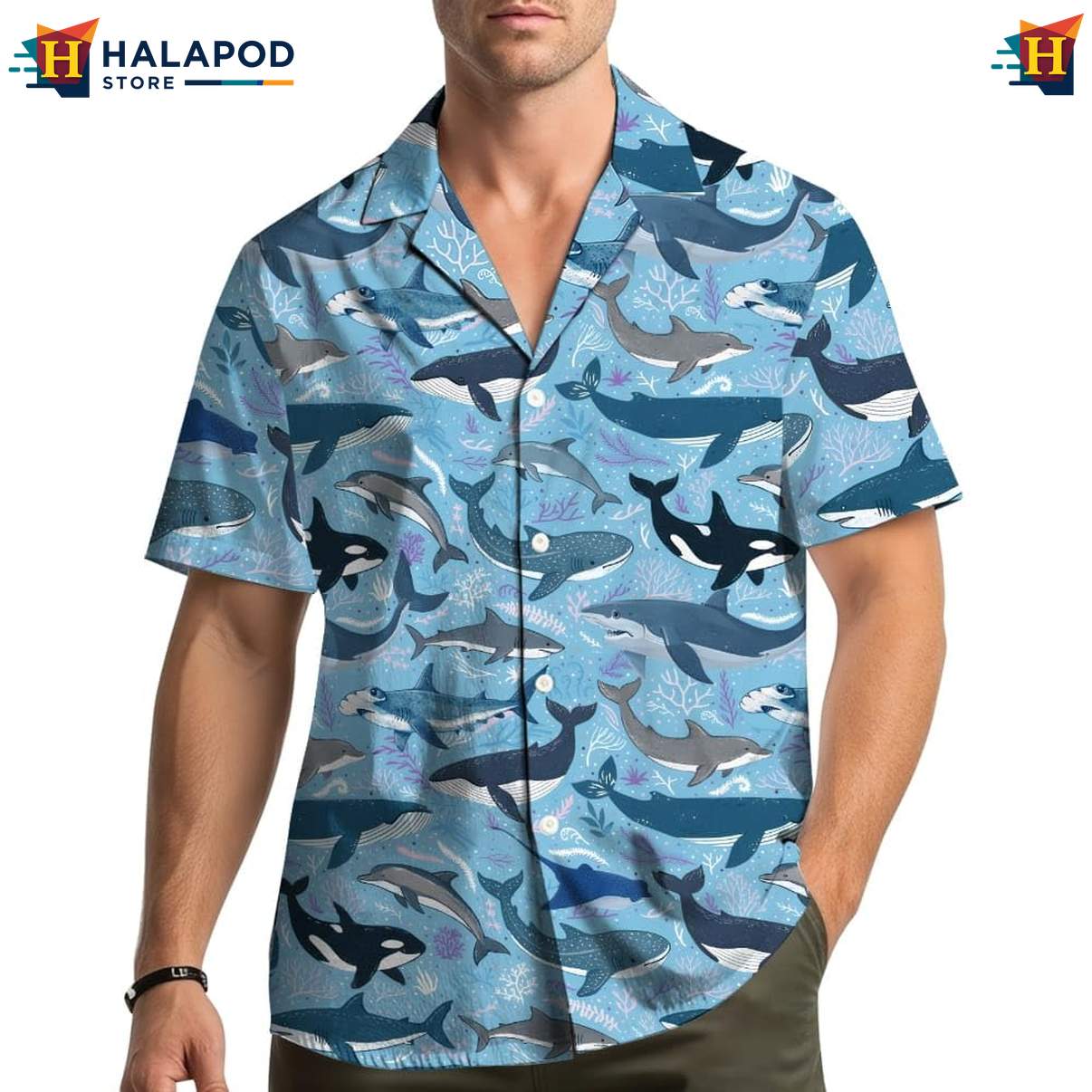 Whale Lover Hawaiian Shirt, Blue Ocean Design With Playful Whales For Summer Fun