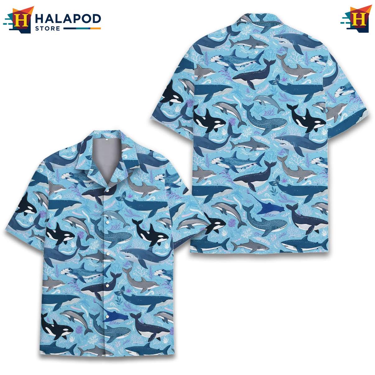 Whale Lover Short-sleeve button-up shirt, Blue Ocean Design With Playful Whales For Summer Fun