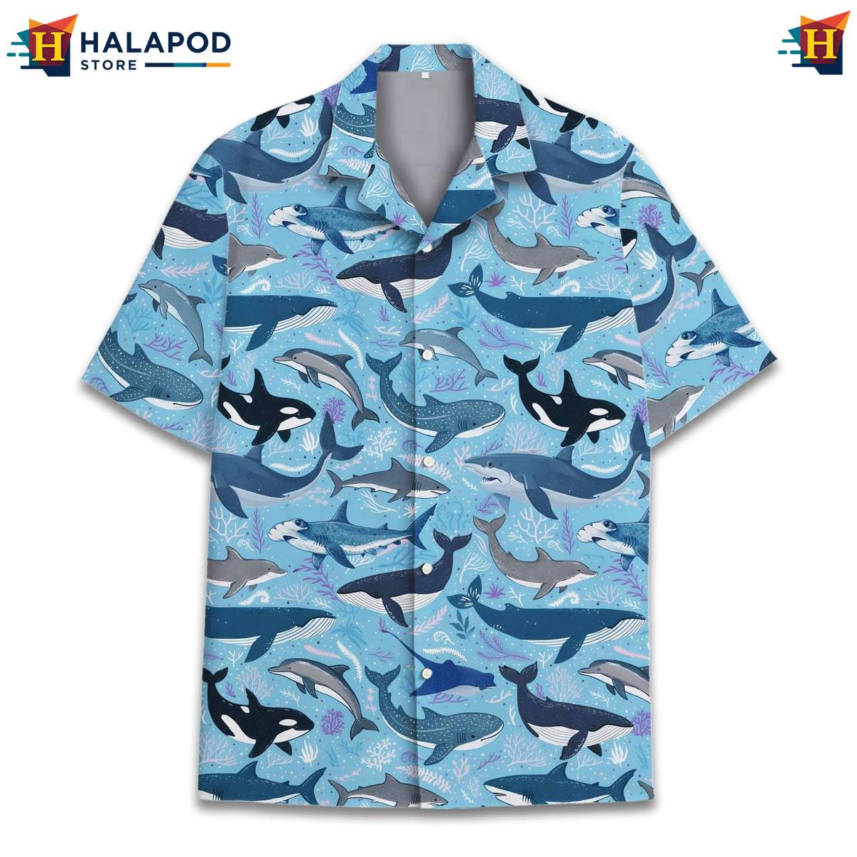 Whale Lover Tropical Shirt, Blue Ocean Design With Playful Whales For Summer Fun