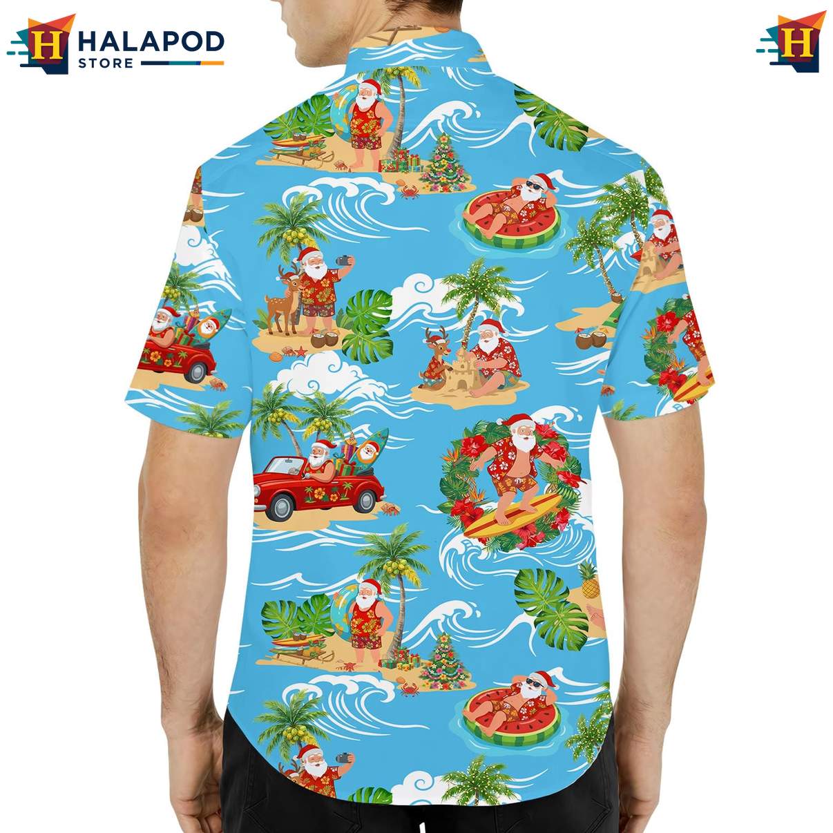 Whimsical Santa Claus Short-sleeve button-up shirt, Vibrant Blue Summer Shirt With Cute Cat Design