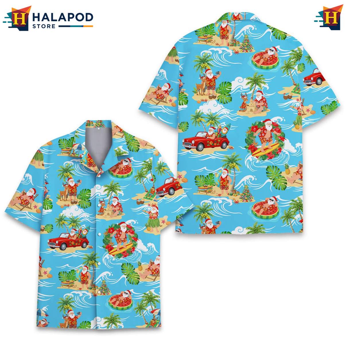 Whimsical Santa Claus Tropical Shirt, Vibrant Blue Summer Shirt With Cute Cat Design