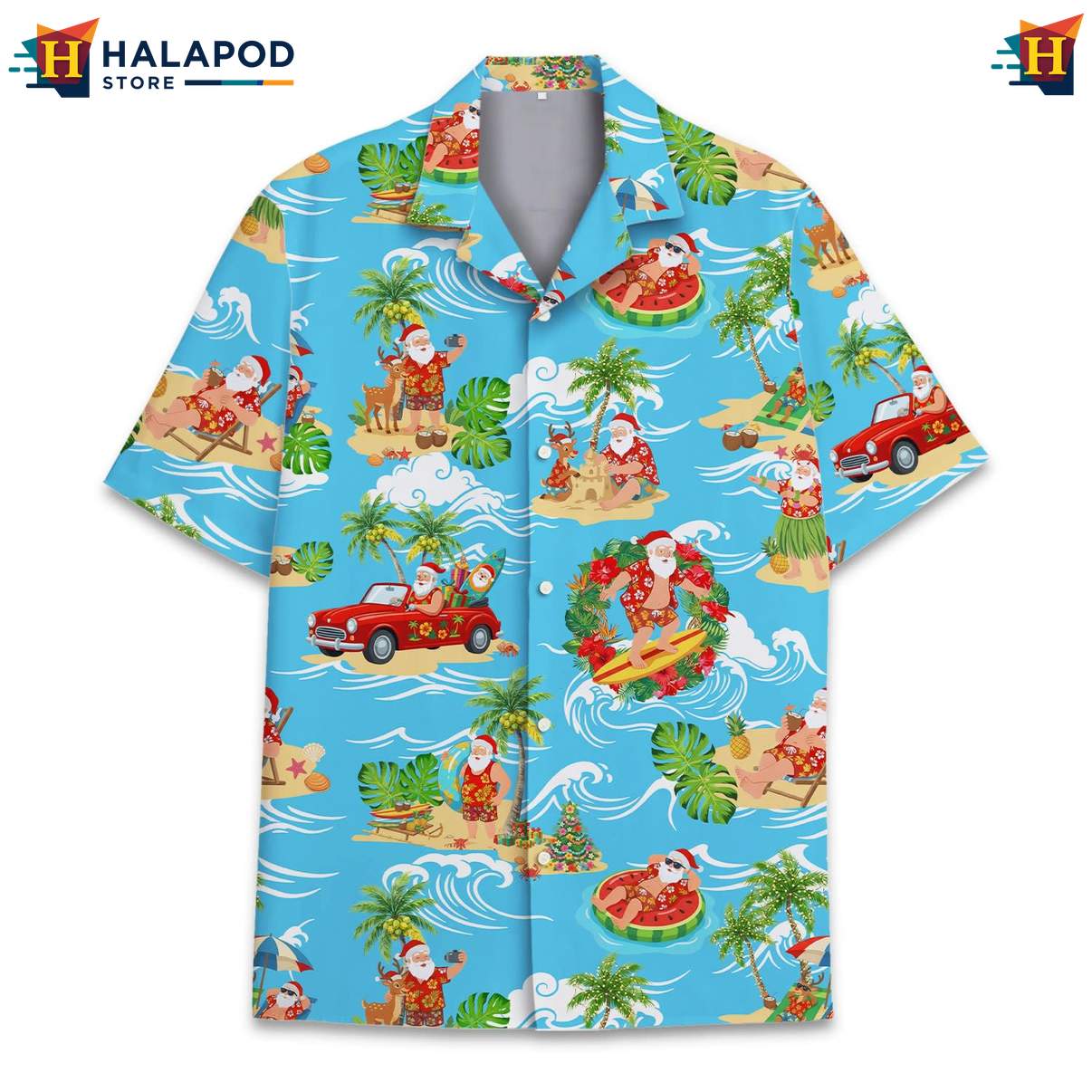 Whimsical Santa Claus Aloha Shirt, Vibrant Blue Summer Shirt With Cute Cat Design