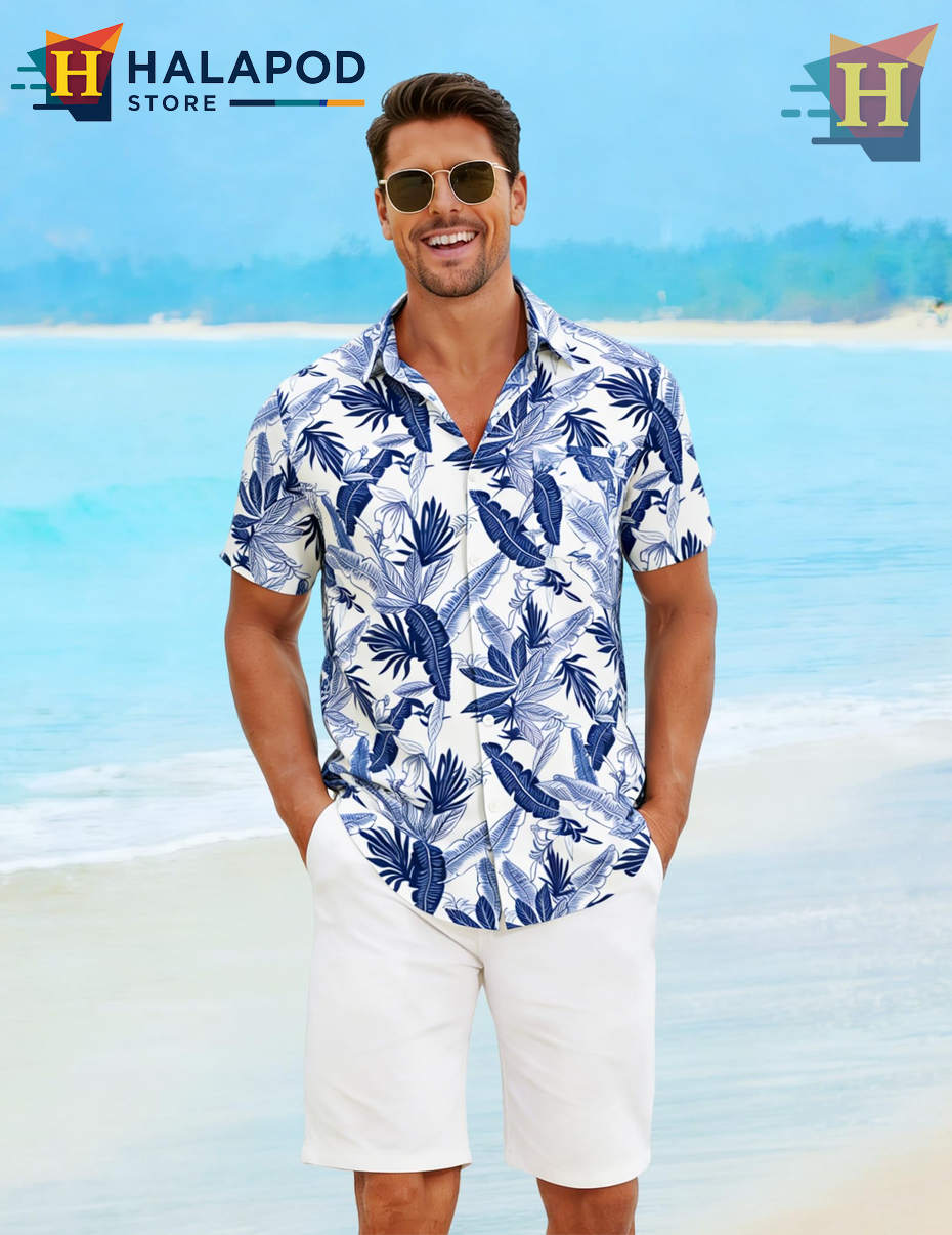White Blue Leaf Hawaiian Shirt Summer Casual Beach Tropical Outfits Mens Shirt
