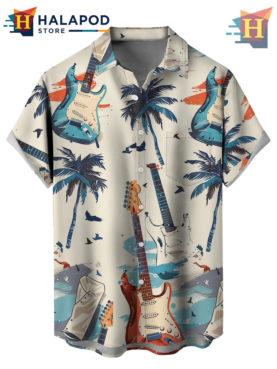 White Blue Music Hawaiian Shirt Tropical Holiday Casual Summer Beach Fan Apparel