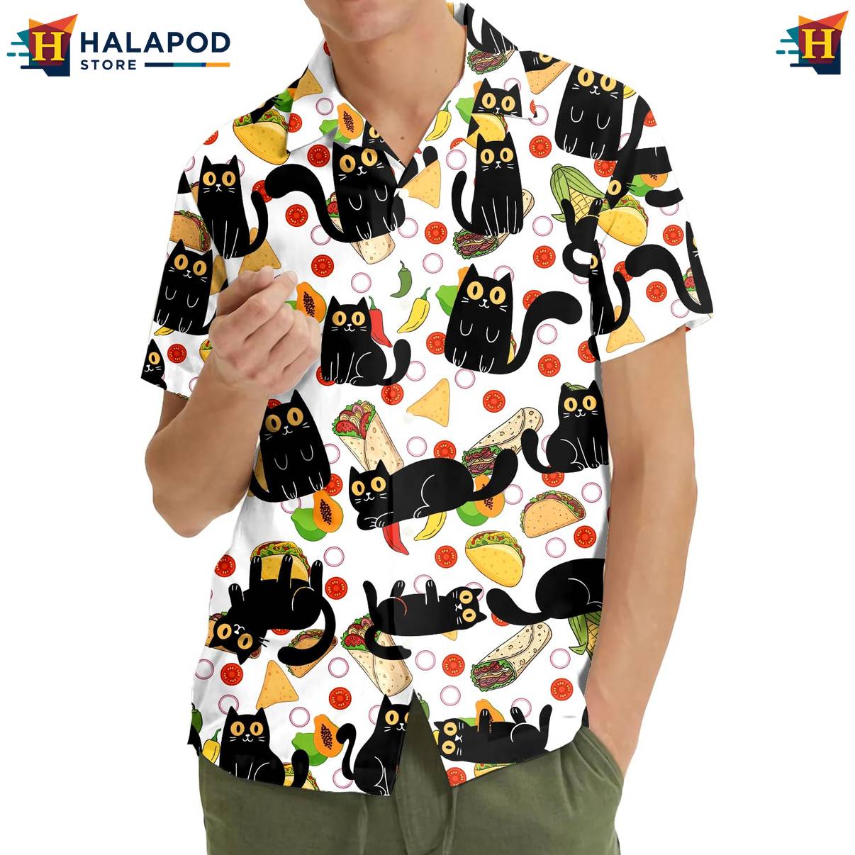 White Cat Funny Retro Aloha Shirt Alien UFO Short Sleeve Button Down Mens