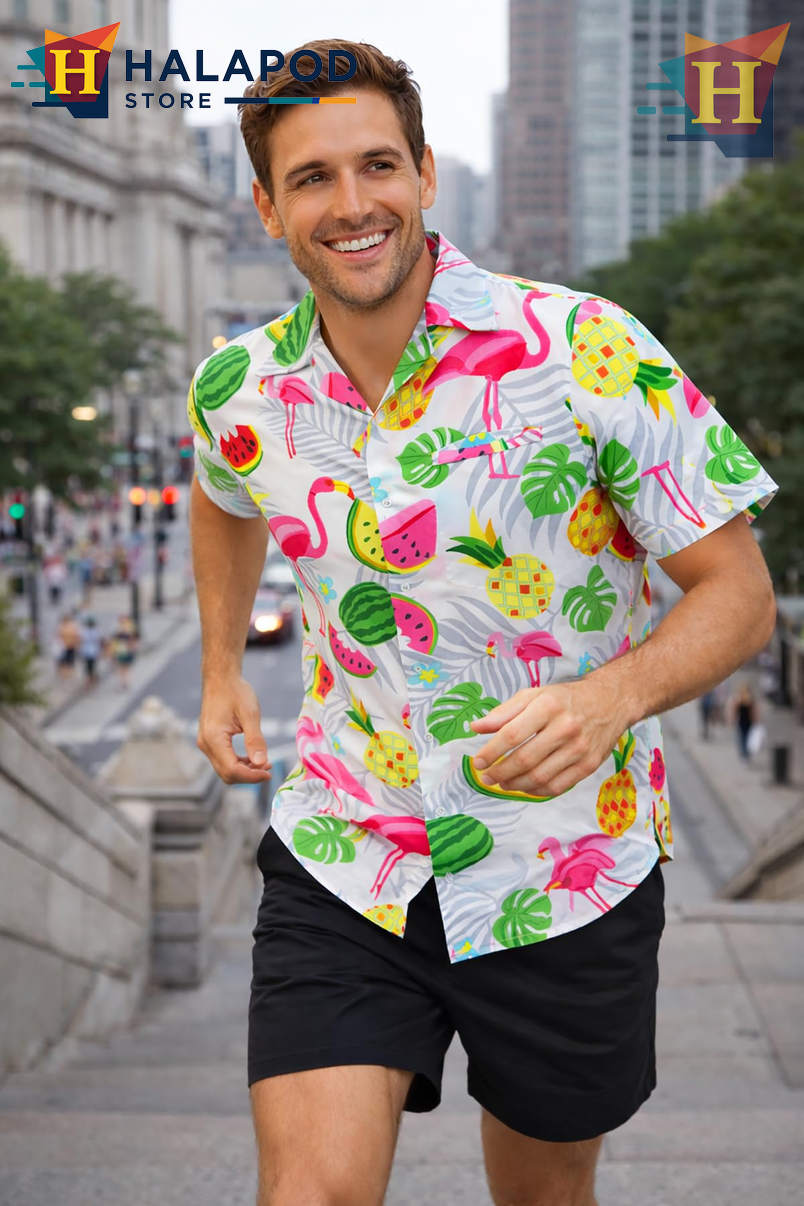 White Flamingo Melon Hawaiian Shirt Tropical Summer Beach Casual Mens Shirt