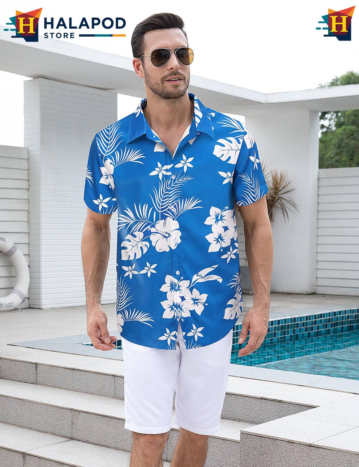 White Flower Blue Tropical Shirt Mens Tropical Beach Button Down Apparel
