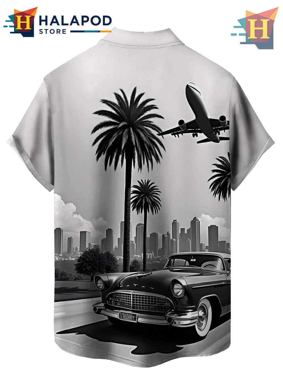 White Gray Airplane Car Hawaiian Shirt Casual Summer Beach Tropical Mens Shirt