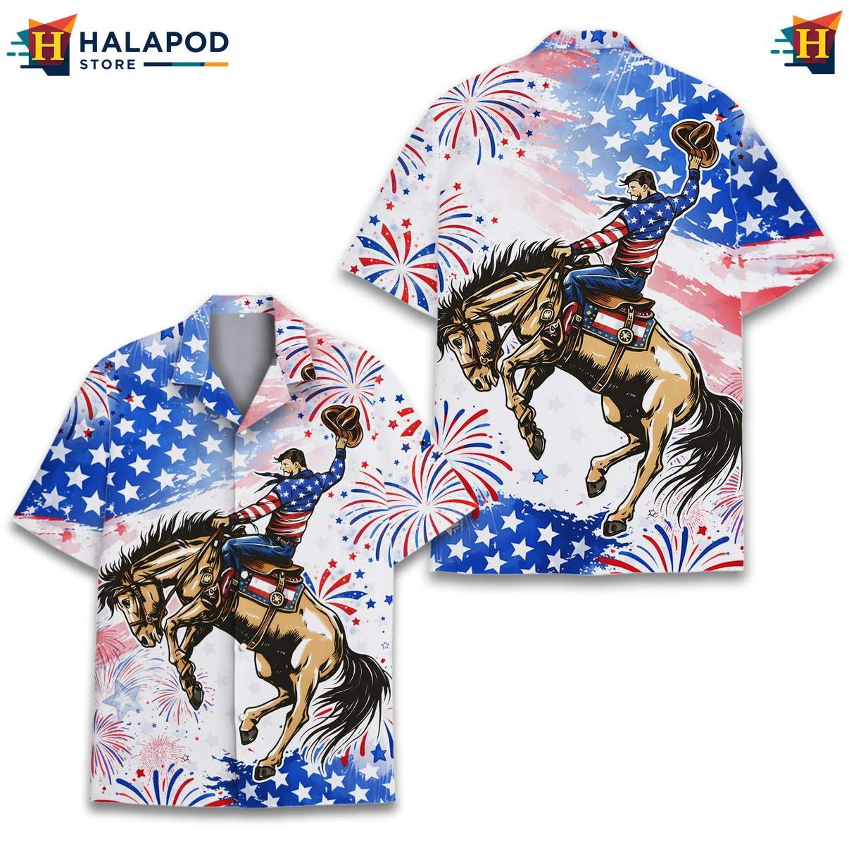 White Horse Racing Patriotic Tee Shirt USA Flag Hawaiian 4th Of July Clothing