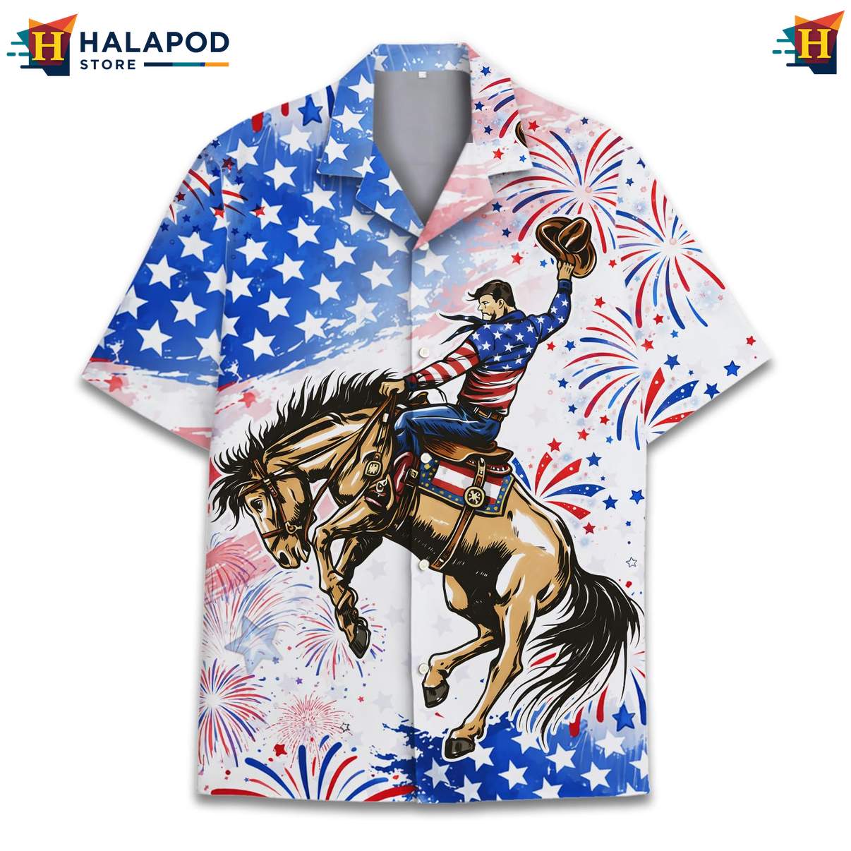 White Horse Racing Patriotic T-Shirt USA Flag Hawaiian 4th Of July Clothing