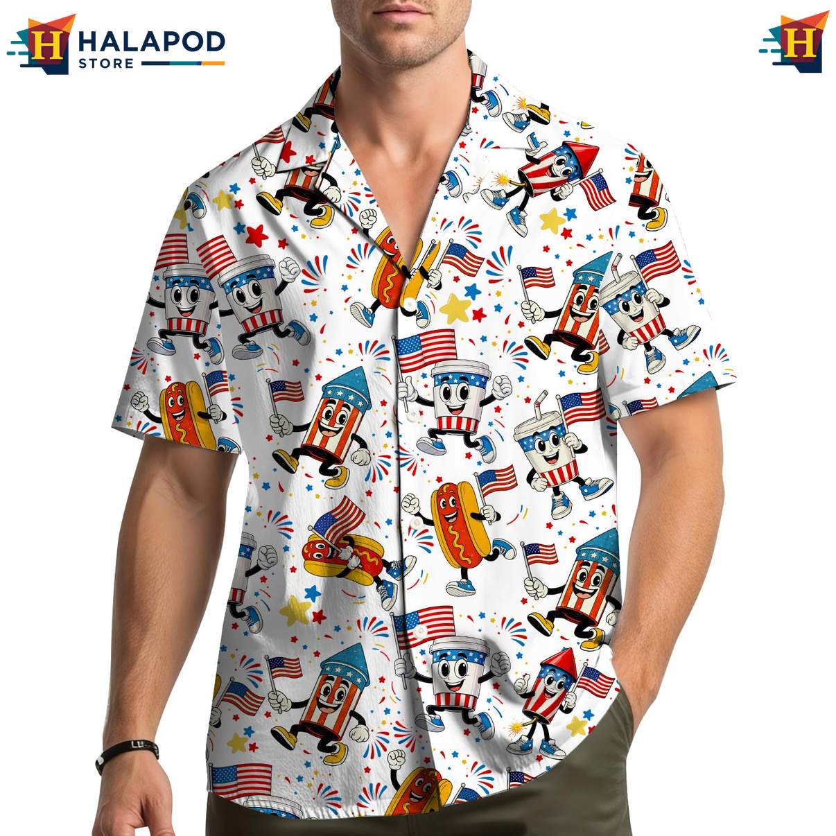 White Hot Dog Patriotic Hawaiian Shirt USA Flag 4th Of July Button Down