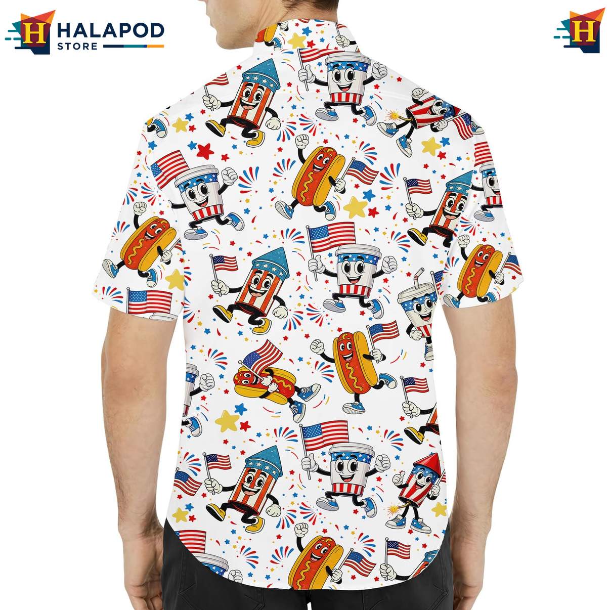White Hot Dog Patriotic Short-sleeve button-up shirt USA Flag 4th Of July Button Down