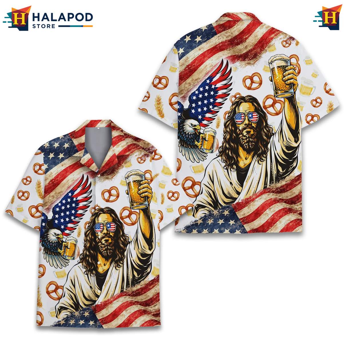 White Jesus Beer Patriotic Short-sleeve button-up shirt USA Flag 4th Of July Button Down
