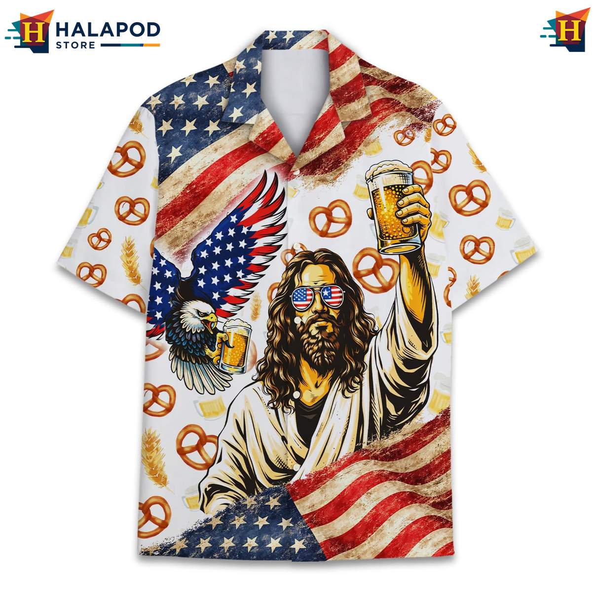White Jesus Beer Patriotic Tropical Shirt USA Flag 4th Of July Button Down