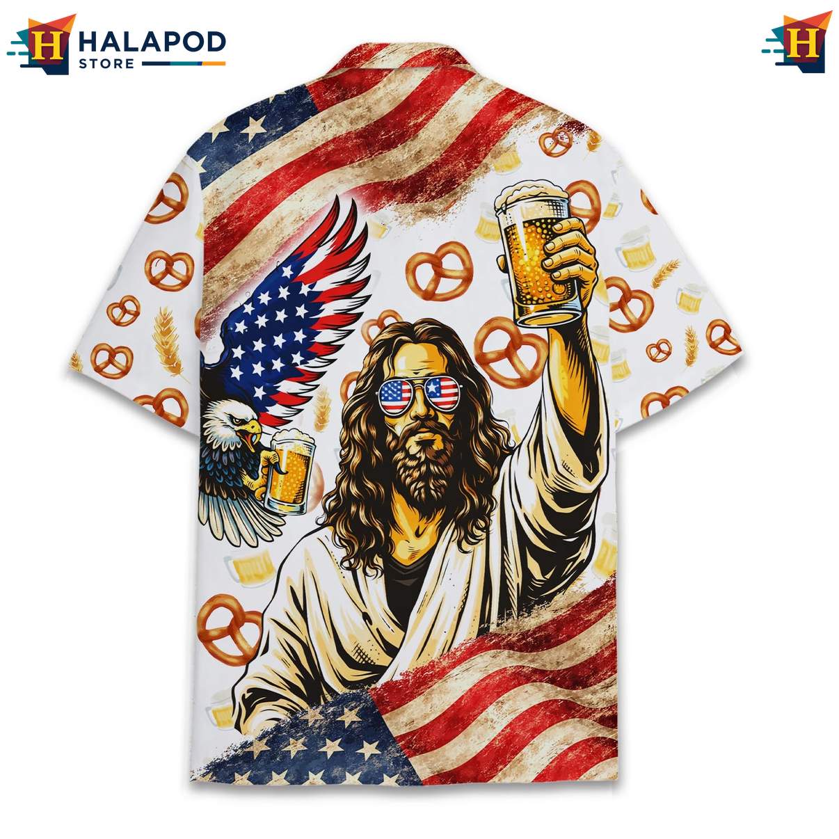 White Jesus Beer Patriotic Aloha Shirt USA Flag 4th Of July Button Down