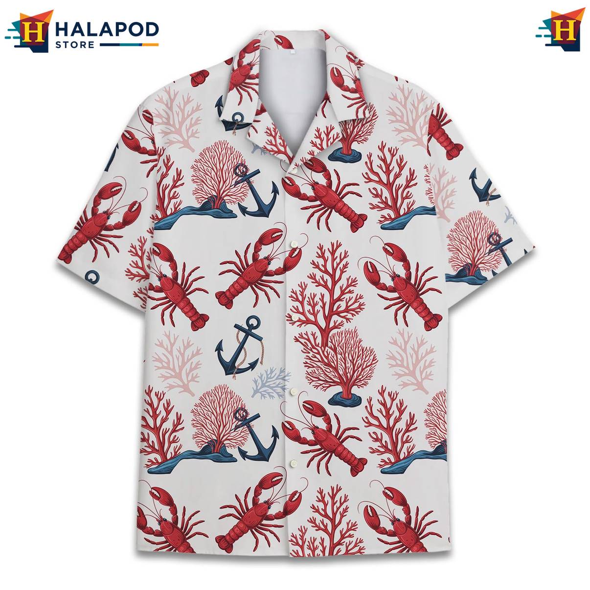 White Lobster Funny Hawaiian Shirt Alien UFO Short Sleeve Button Down Mens