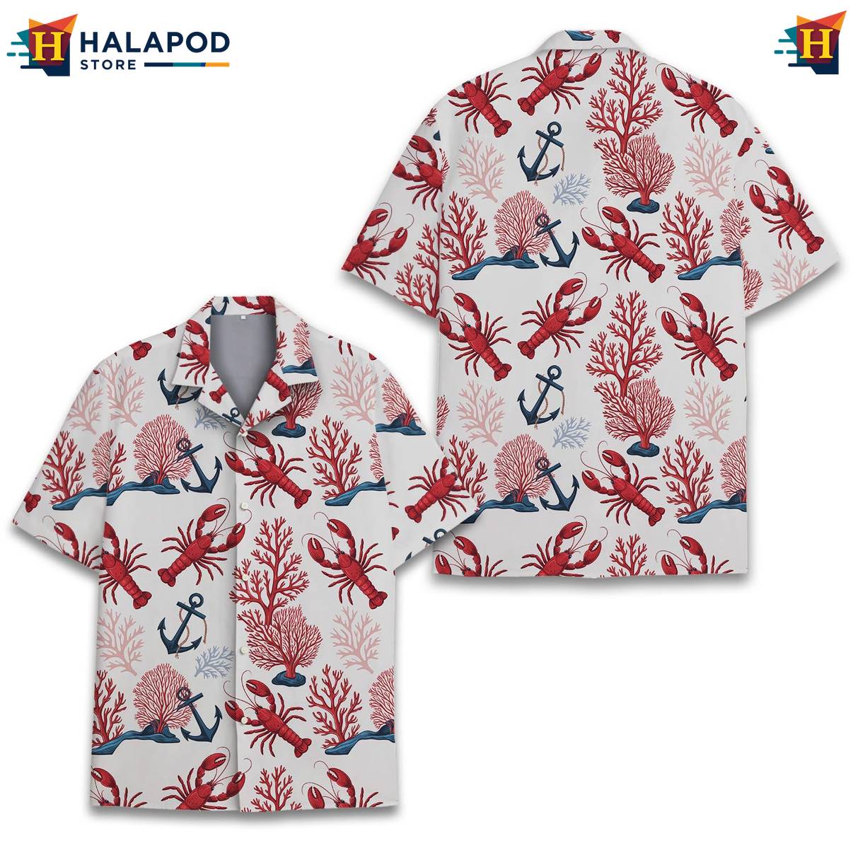 White Lobster Funny Aloha Shirt Alien UFO Short Sleeve Button Down Mens